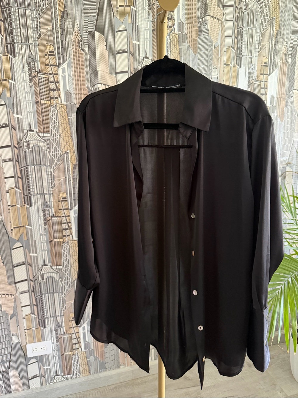 Zara Black Satin Button-Up Blouse